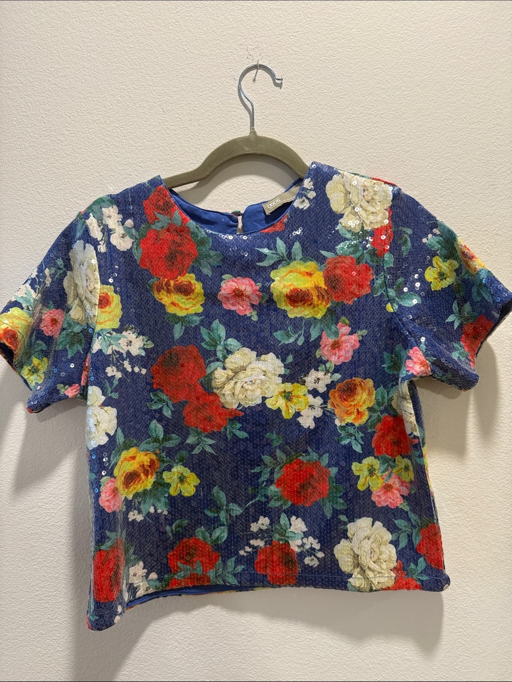 ASOS Blue Floral Sequin Short Sleeve Top Open Back
